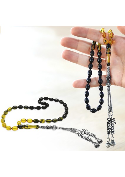 1000 Ayar Gümüş Çift Kazaz Püsküllü Arpa Kesim Isim Yazılı Süzme Sarı Siyah Ateş Kehribar Tesbih fiyatları