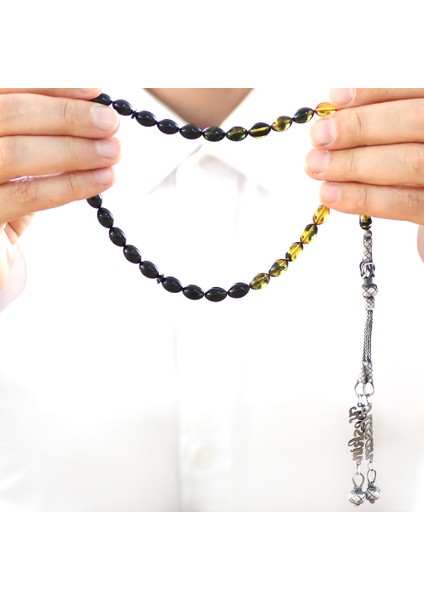 1000 Ayar Gümüş Çift Kazaz Püsküllü Arpa Kesim Isim Yazılı Süzme Sarı Siyah Ateş Kehribar Tesbih modelleri