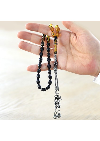 1000 Ayar Gümüş Çift Kazaz Püsküllü Arpa Kesim Isim Yazılı Süzme Sarı Siyah Ateş Kehribar Tesbih fırsatları