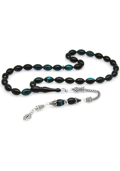 925 Ayar Gümüş Püsküllü Arpa Kesim Turkuaz Siyah Ateş Kehribar Tesbih