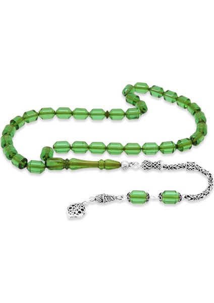 925 Ayar Gümüş Kral Püsküllü Uçlu Kapsül Kesim Su Yeşili Ateş Kehribar Tesbih
