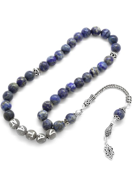 925 Ayar Gümüş Püsküllü Küre Kesim Isim Yazılı Hareli Mavi Lapis Doğaltaş Tesbih fiyatları