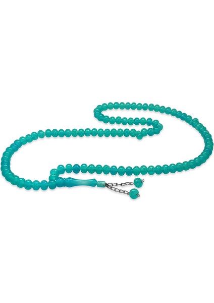 Kararmaz Metal Püsküllü Tekerlek Kesim Su Yeşili Renk 99 Taneli Kedigözü Namaz Tesbihi