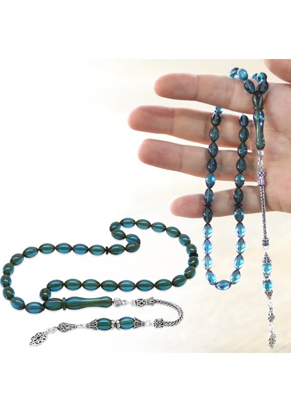 925 Ayar Gümüş Püsküllü Arpa Kesim Turkuaz Ateş Kehribar Tesbih fiyatları