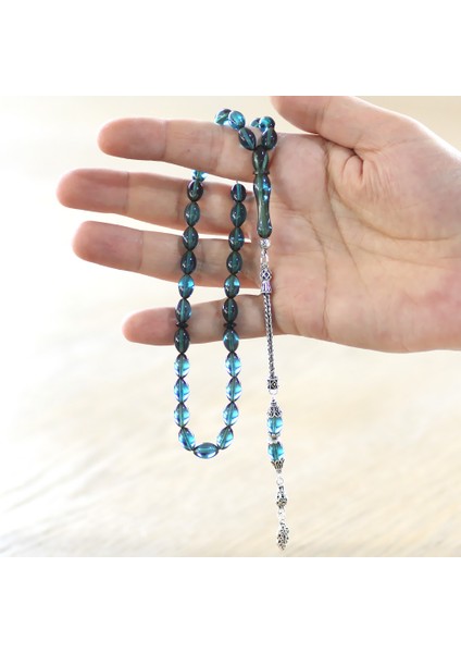 925 Ayar Gümüş Püsküllü Arpa Kesim Turkuaz Ateş Kehribar Tesbih modelleri