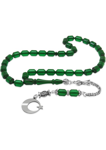 Kararmaz Metal Püsküllü Uçlu Kapsül Kesim Isim Yazılı ve Ayyıldız Plakalı Yeşil Ateş Kehribar Tesbih fiyatları