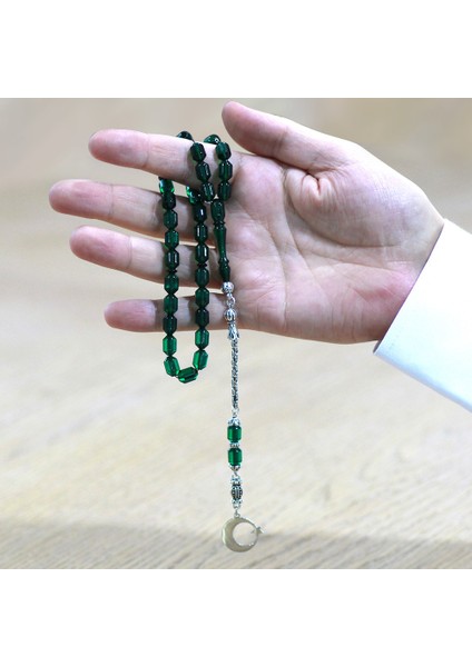 Kararmaz Metal Püsküllü Uçlu Kapsül Kesim Isim Yazılı ve Ayyıldız Plakalı Yeşil Ateş Kehribar Tesbih fırsatları