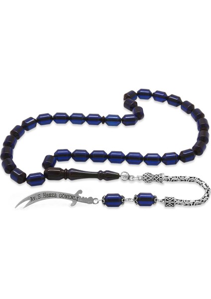 925 Ayar Gümüş Püsküllü Uçlu Kapsül Kesim Isme Özel Yazılı Lacivert Sıkma Kehribar Tesbih