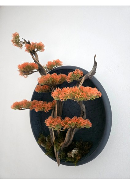 El Yapımı Driftwood Bonsai – Turuncu Yapay Yapraklar ve Gerçek Ağaç Gövdeli Duvar Dekoru modelleri