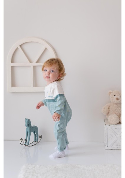 Erkek Bebek Baskılı Örme Tulum - Mint