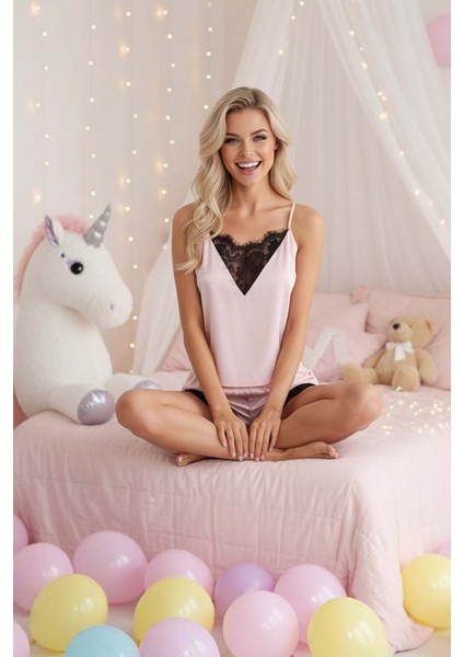 Dantel Işlemeli Saten Şort Takım Pembe XL