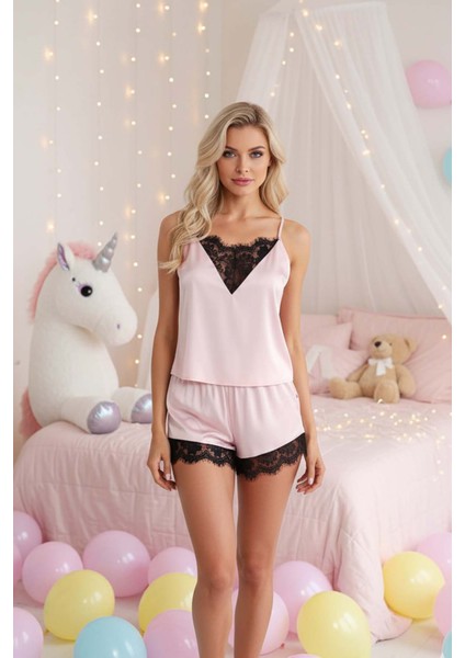 Dantel Işlemeli Saten Şort Takım Pembe XL fiyatları