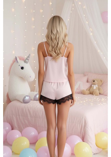 Dantel Işlemeli Saten Şort Takım Pembe XL modelleri