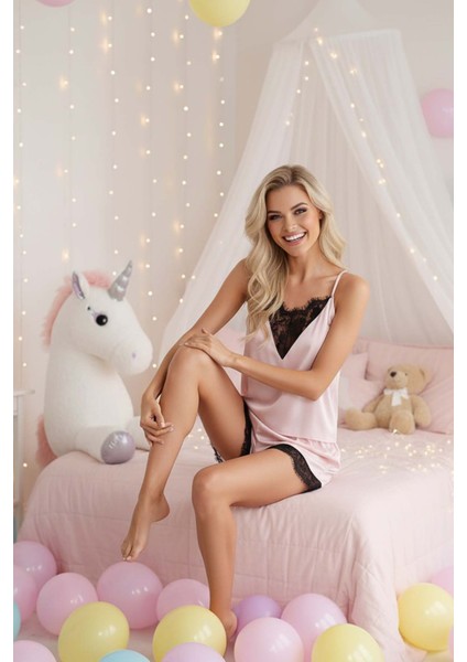 Dantel Işlemeli Saten Şort Takım Pembe XL fırsatları