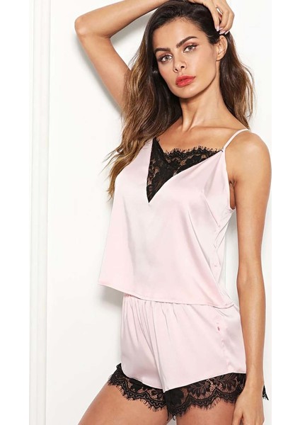 Dantel Işlemeli Saten Şort Takım Pembe XL indirimleri