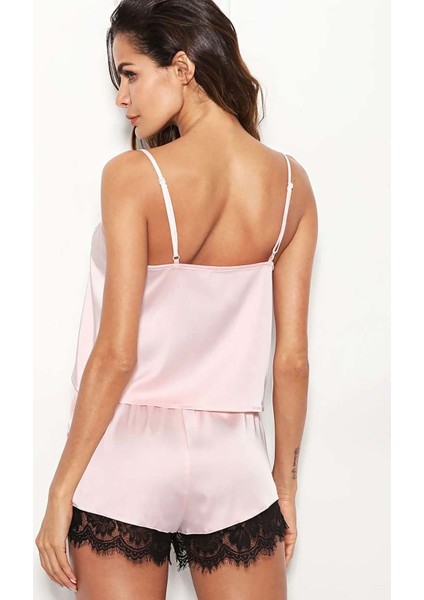 Dantel Işlemeli Saten Şort Takım Pembe XL