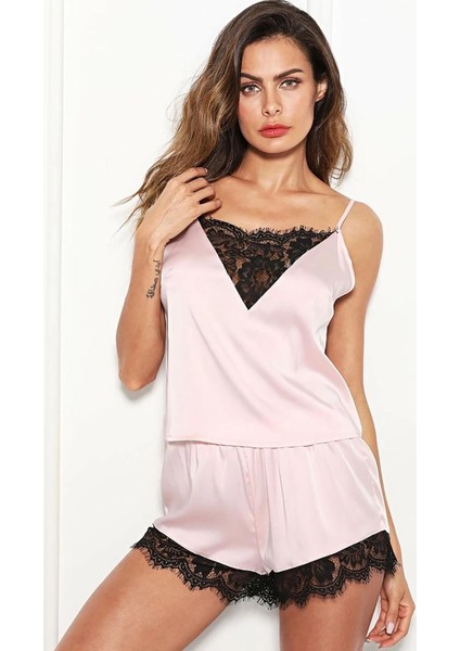 Dantel Işlemeli Saten Şort Takım Pembe XL