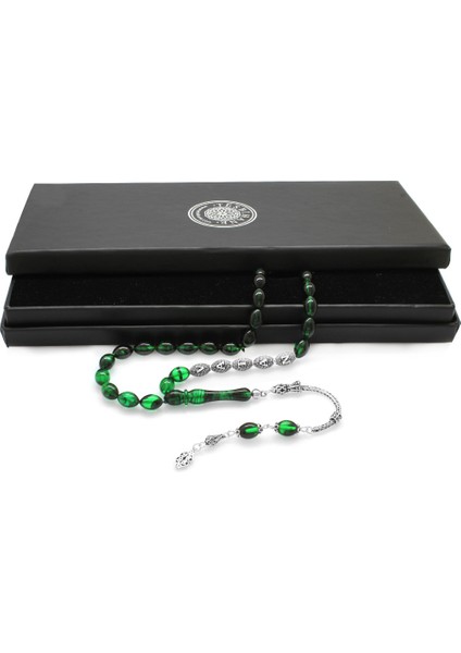 925 Ayar Gümüş Püsküllü Arpa Kesim Gümüş Isim Yazılı Süzme Yeşil Siyah Ateş Kehribar Tesbih