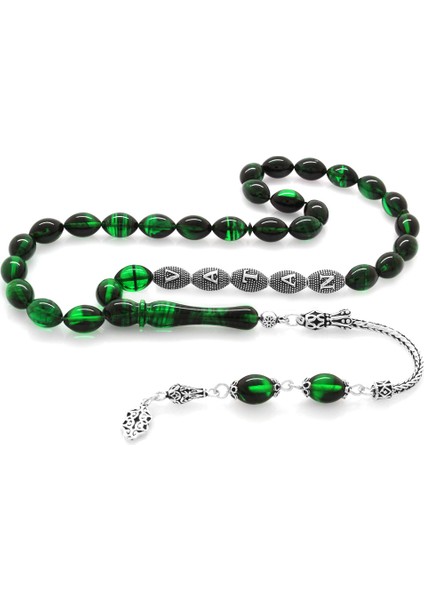 925 Ayar Gümüş Püsküllü Arpa Kesim Gümüş Isim Yazılı Süzme Yeşil Siyah Ateş Kehribar Tesbih fiyatları