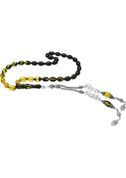 925 Ayar Gümüş Püsküllü Arpa Kesim Isim Yazılı Süzme Sarı Siyah Ateş Kehribar Tesbih