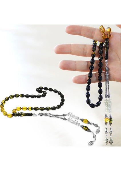 925 Ayar Gümüş Püsküllü Arpa Kesim Isim Yazılı Süzme Sarı Siyah Ateş Kehribar Tesbih fiyatları