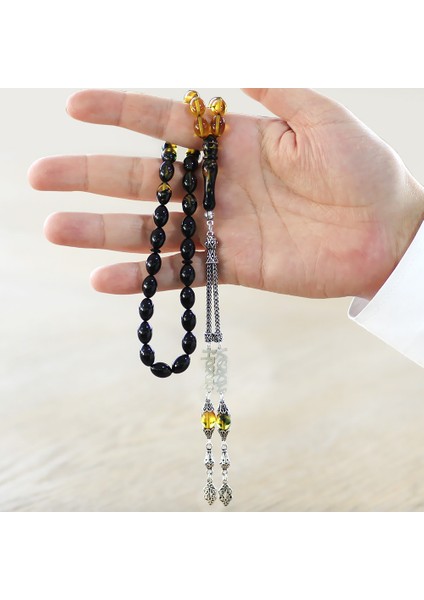 925 Ayar Gümüş Püsküllü Arpa Kesim Isim Yazılı Süzme Sarı Siyah Ateş Kehribar Tesbih modelleri