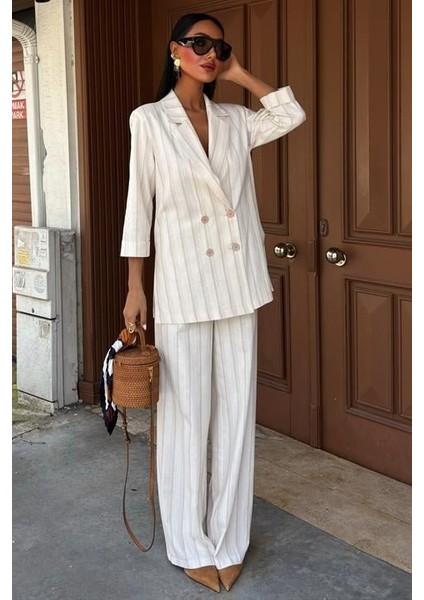 Blazer Ceketli Çizgili Keten Takım 10186