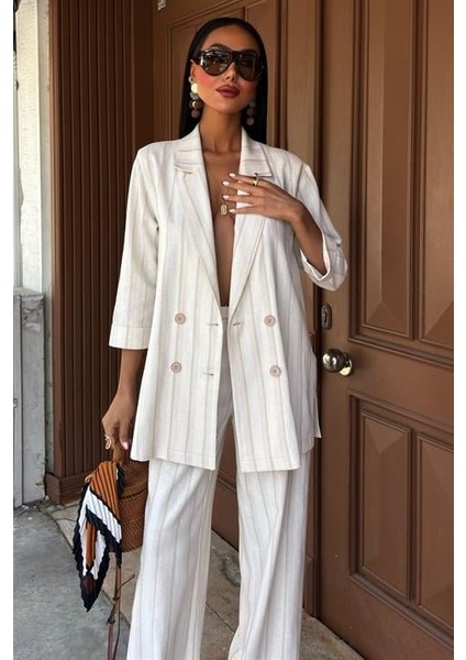 Blazer Ceketli Çizgili Keten Takım 10186 indirimleri