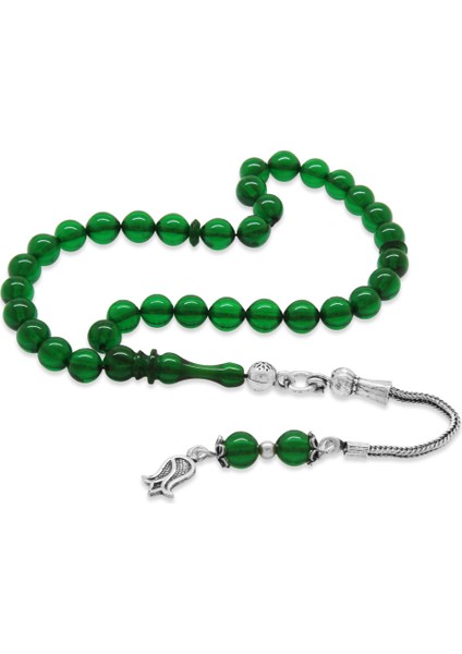 925 Ayar Gümüş Püsküllü Küre Kesim Bilek Boy Yeşil Ateş Kehribar Tesbih