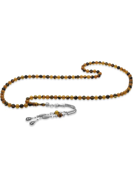 Kararmaz Metal Su Damlası Püsküllü Küre Kesim Sarı Siyah Ateş Kehribar 99 Taneli Namaz Tesbihi