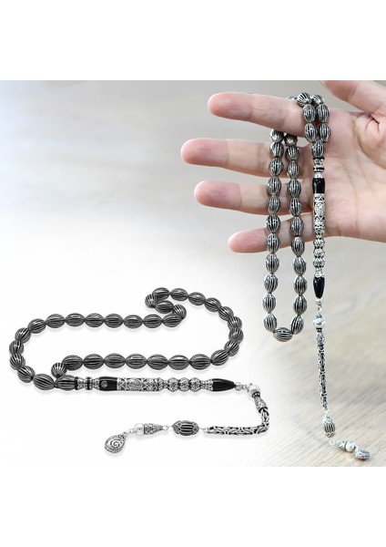 Erzurum Oltu Tesbih - 20 Li Gümüş Yarma - Cevşen Nakkaş - 925 Ayar Gümüş Püsküllü - Arpa Kesim fiyatları