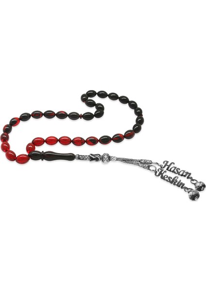 1000 Ayar Gümüş Çift Kazaz Püsküllü Arpa Kesim Isim Yazılı Kırmızı Ateş Kehribar Tesbih