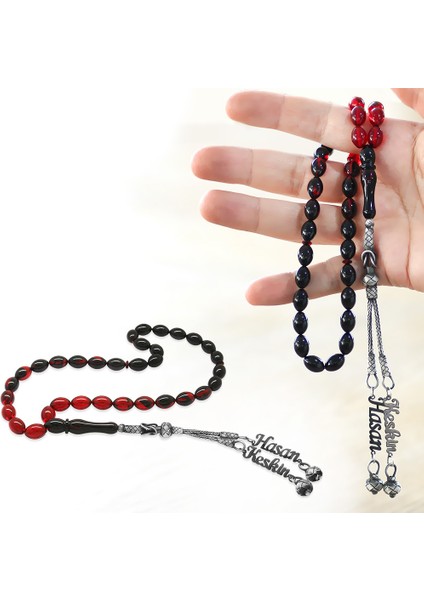 1000 Ayar Gümüş Çift Kazaz Püsküllü Arpa Kesim Isim Yazılı Kırmızı Ateş Kehribar Tesbih fiyatları