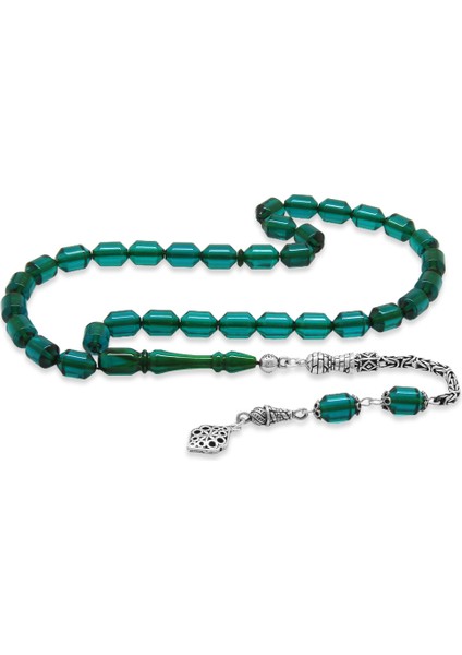 925 Ayar Gümüş Kral Püsküllü Uçlu Kapsül Kesim Turkuaz Ateş Kehribar Tesbih