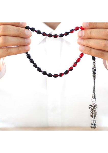 1000 Ayar Gümüş Çift Kazaz Püsküllü Arpa Kesim Isim Yazılı Kırmızı Ateş Kehribar Tesbih modelleri