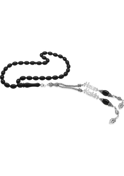 925 Ayar Gümüş Püsküllü Arpa Kesim Isim Yazılı Siyah Sıkma Kehribar Tesbih