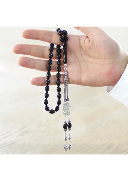 925 Ayar Gümüş Püsküllü Arpa Kesim Isim Yazılı Siyah Sıkma Kehribar Tesbih modelleri