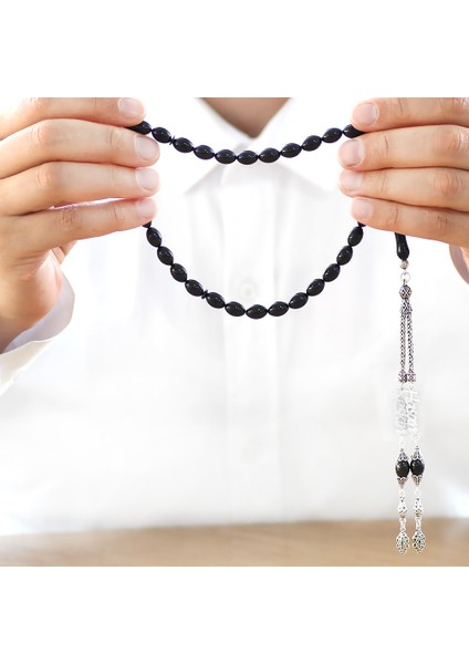 925 Ayar Gümüş Püsküllü Arpa Kesim Isim Yazılı Siyah Sıkma Kehribar Tesbih fırsatları