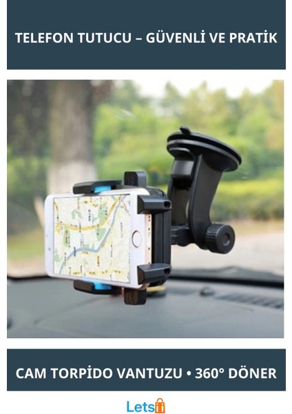 Vantuzlu Araç Içi Telefon Tutucu 360° Dönebilir, Kompakt Tasarım