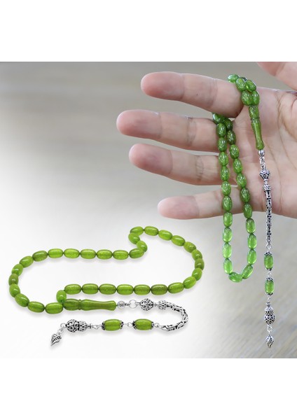 925 Ayar Gümüş Kral Zincir Püsküllü Özel Kesim Sedefli Yeşil Ateş Kehribar Tesbih fiyatları