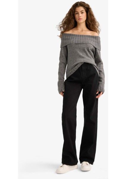 Slim Fit Dar Kesim Açık Omuz Triko Kazak E8345AX25WN