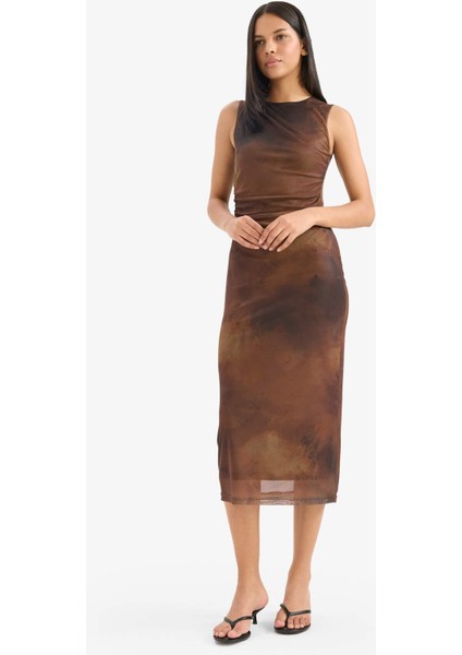 Bodycon Vücudu Saran Bisiklet Yaka Desenli Tül Kolsuz Midi Elbise