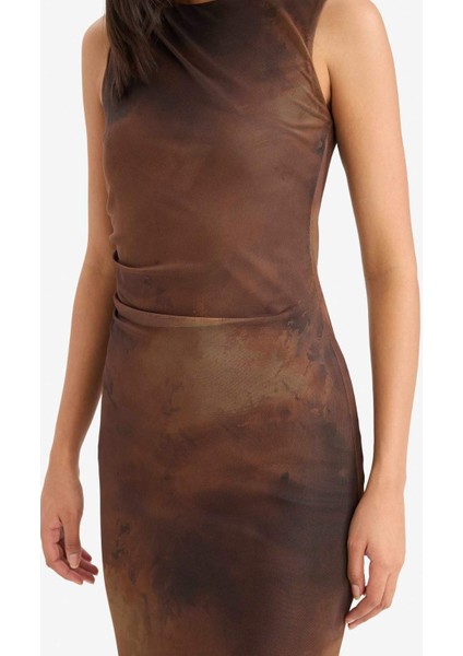 Bodycon Vücudu Saran Bisiklet Yaka Desenli Tül Kolsuz Midi Elbise