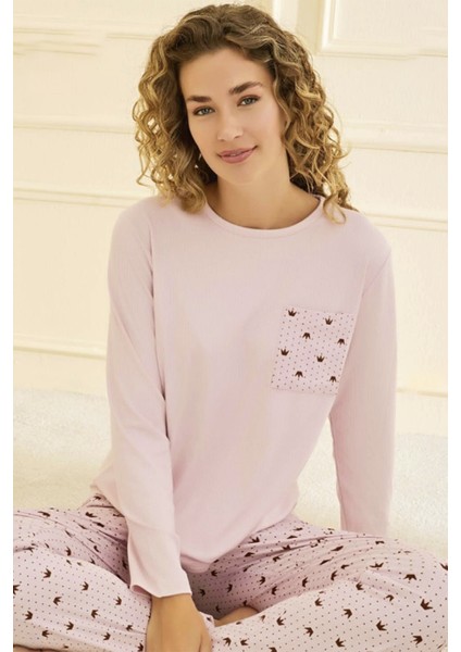 Kadın Kaşkorse Kumaş Taç Desen Pijama Takımı 70802 PEMBE03