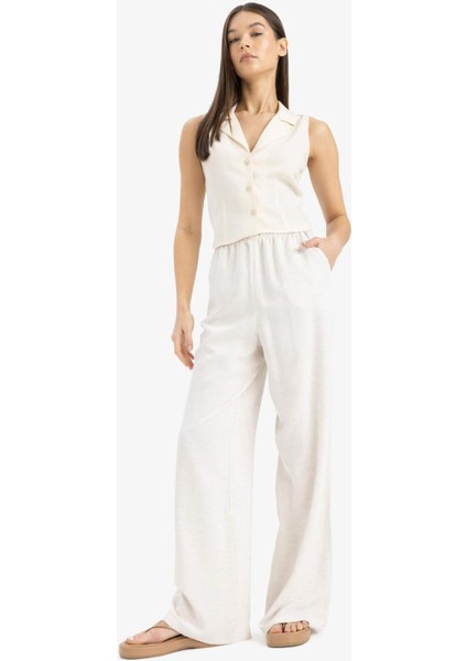 Keten Karışımlı Palazzo Pantolon Wide Leg Geniş Bol Paça Üç Cepli Normal Bel Basic Düz Standart Boy C4545AX25SP