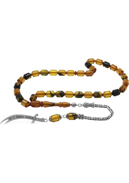 925 Ayar Gümüş Püsküllü Uçlu Kapsül Kesim Isme Özel Yazılı Sarı Siyah Ateş Kehribar Tesbih