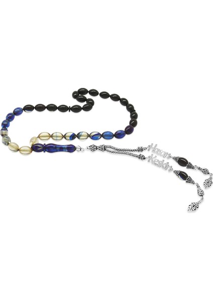 925 Ayar Gümüş Püsküllü Arpa Kesim Isim Yazılı Mavi Ateş Kehribar Tesbih