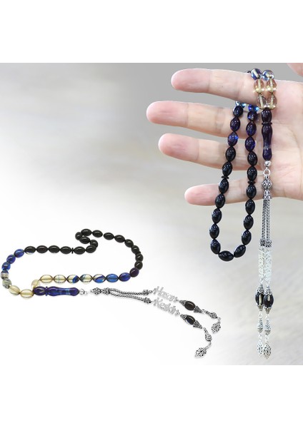 925 Ayar Gümüş Püsküllü Arpa Kesim Isim Yazılı Mavi Ateş Kehribar Tesbih fiyatları