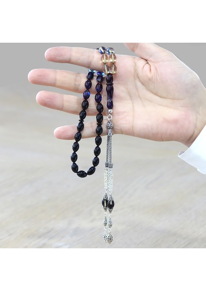 925 Ayar Gümüş Püsküllü Arpa Kesim Isim Yazılı Mavi Ateş Kehribar Tesbih modelleri