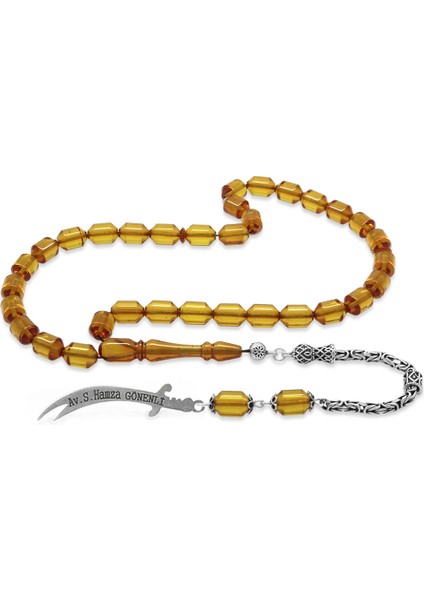 925 Ayar Gümüş Kral Püsküllü Uçlu Kapsül Kesim Isme Özel Yazılı Sarı Ateş Kehribar Tesbih